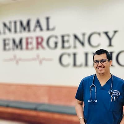A smiling veterinarian in blue scrubs with a stethoscope stands in front of a wall sign that reads "Animal Emergency Clinic.