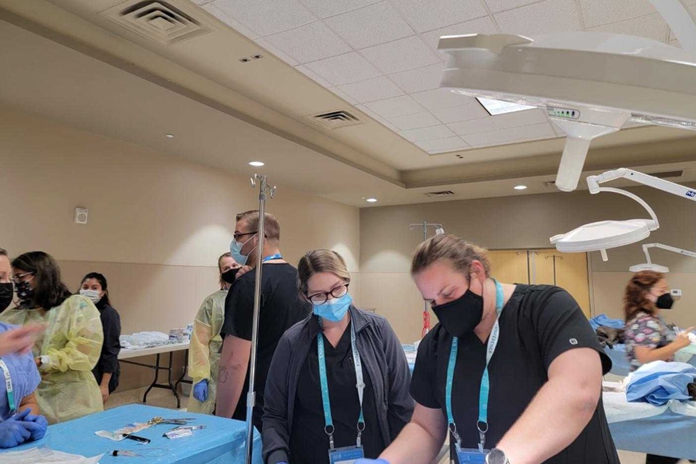 A group of healthcare professionals, including a veterinarian in scrubs and masks, are gathered around a medical table in a clinical setting. Some are engaged in activities at the table while others stand in the background, observing or assisting. Medical equipment is visible in the room.