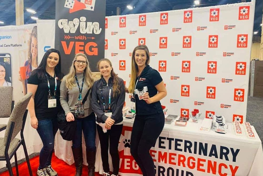 Four people are standing together in front of a booth at a convention or expo. The booth, promoted by the Veterinary Emergency Group, features a banner that says "Win with VEG." Decorated with branded materials and promotional items, it aims to attract veterinarians and vet professionals alike.