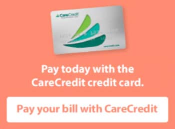 An image displaying a CareCredit credit card with a colorful abstract design next to text stating, "Pay today with the CareCredit credit card." Below, a white button with red text reads, "Pay your vet bill with CareCredit." The background is orange.