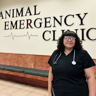 A veterinarian in black scrubs and a stethoscope stands in front of a wall that reads "Animal Emergency Clinic" with a heart rate graphic. Benches are visible along the wall.